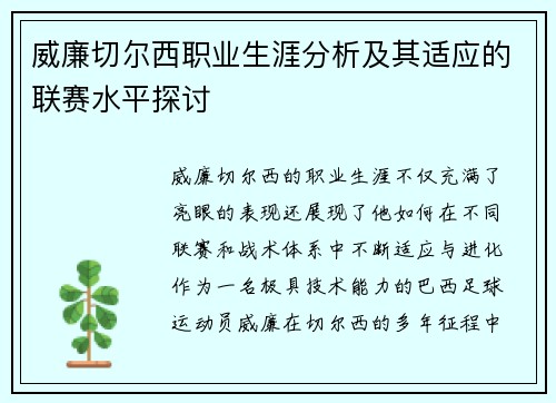 威廉切尔西职业生涯分析及其适应的联赛水平探讨