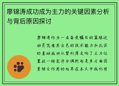 廖锦涛成功成为主力的关键因素分析与背后原因探讨